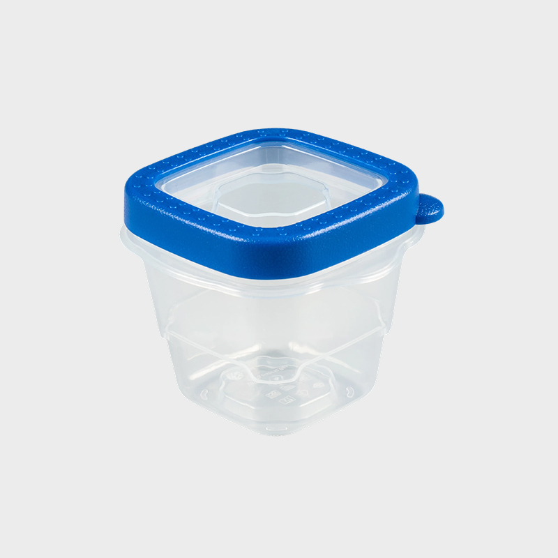 PFB023 118ml (4-আউন্স) মিনিয়েচার স্কয়ার পিপি ফুড প্রিজারভেশন কন্টেইনার, ব্লু ওভারমোল্ড ঢাকনা সহ 4-প্যাক সেট